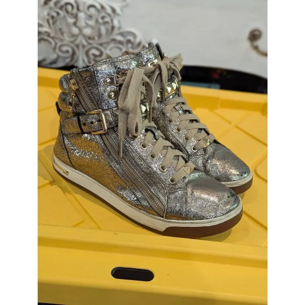 Michael Michael Kors Glam Studded Gold Crackle High-Top Sneakers 9.5 Festival